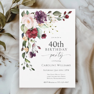 Boho Red and Purple Floral 40th Birthday Party Invitation