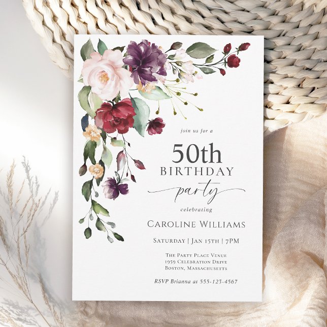 Boho Red and Purple Floral 50th Birthday Party Invitation (Available in both printed and instant download digital formats.)