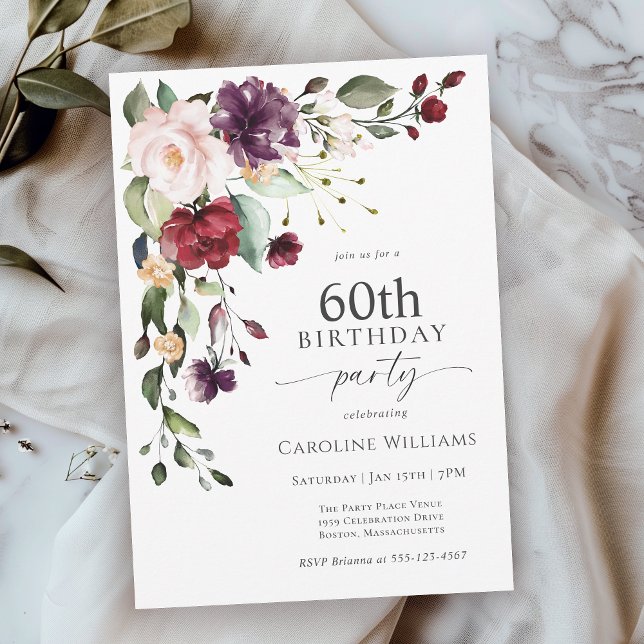 Boho Red and Purple Floral 60th Birthday Party Invitation (Available in both printed and instant download digital formats.)