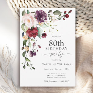 Boho Red and Purple Floral 80th Birthday Party Invitation