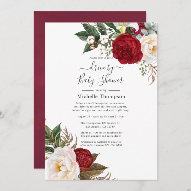 Boho Red and White Floral Drive By Shower Invitation (Front/Back)