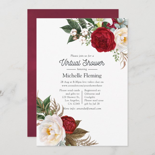Boho Red and White Floral Virtual Shower Invitation (Front/Back)