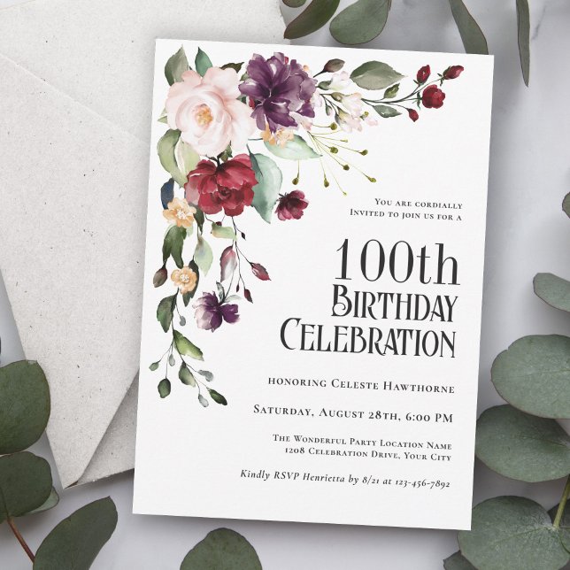 Boho Red, Blush and Purple 100th Birthday Party Invitation (An elegant choice in invitations for celebrating a 100th Birthday in style!)