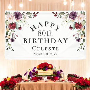 Boho Red Blush and Purple 80th Birthday Party Banner