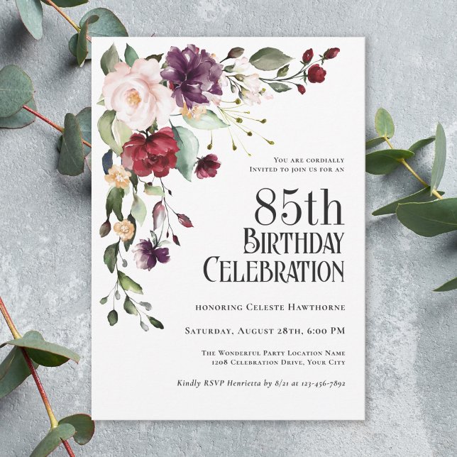 Boho Red Blush and Purple 85th Birthday Party Invitation (Available in both printed and instant download digital formats.)