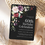 Boho Red Blush and Purple Floral 60th Birthday Invitation<br><div class="desc">Celebrate a 60th birthday in beautiful boho style with this unique watercolor floral birthday party invitation in sophisticated black. It has a lovely floral corner bouquet in the stylish colour combination of burgundy red, blush pink, plum purple, and peach with sumptuous greenery scattered throughout. It makes a wonderful choice for...</div>