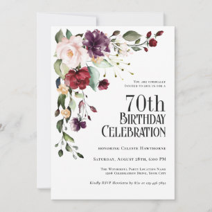 Boho Red, Blush and Purple Floral 70th Birthday Invitation