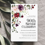 Boho Red Blush and Purple Floral 90th Birthday Invitation<br><div class="desc">Celebrate a 90th birthday in beautiful boho style with this unique watercolor floral birthday party invitation. It has a lovely floral corner bouquet in the stylish colour combination of burgundy red, blush pink, plum purple, and peach with sumptuous greenery scattered throughout. It makes a wonderful choice for celebrations from mid-summer,...</div>