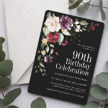 Boho Red Blush and Purple Floral 90th Birthday Invitation<br><div class="desc">Celebrate a 90th birthday in beautiful boho style with this unique watercolor floral birthday party invitation in sophisticated black. It has a lovely floral corner bouquet in the stylish colour combination of burgundy red, blush pink, plum purple, and peach with sumptuous greenery scattered throughout. It makes a wonderful choice for...</div>