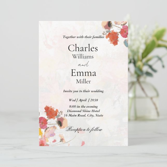 Boho Red & blush Pink Floral Wedding  Invitation (Standing Front)