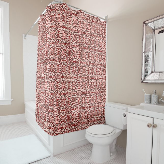 Boho Red Floral Damask Seamless Pattern Design Shower Curtain (In Situ)