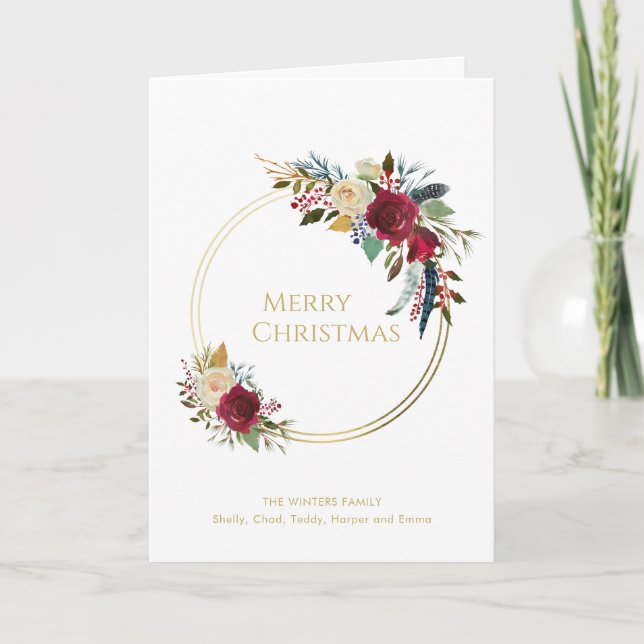 Boho Red Floral Gold Geometric Modern Christmas Holiday Card (Front)