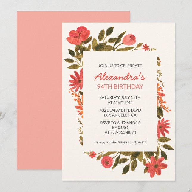 Boho Red Floral Watercolor 94th birthday Invitation (Front/Back)