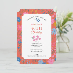 Boho Red Floral Wildflowers 30th 40th Birthday Invitation