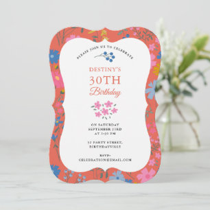 Boho Red Floral Wildflowers 30th 40th Birthday Invitation