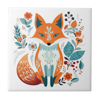 Boho Red Fox Scandinavian Folk Art Tile