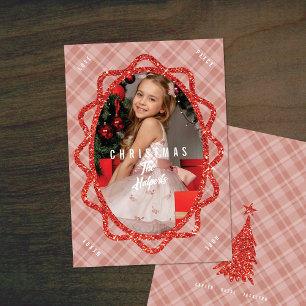 Boho Red Glitter & Plaid Oval Photo Christmas Holiday Card