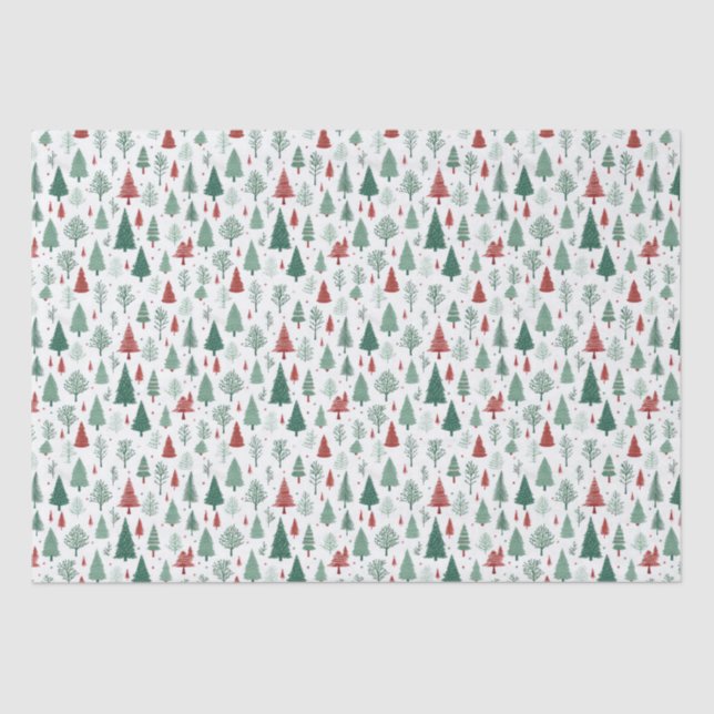 Boho Red Green Christmas Trees Holiday Tissue Paper (Front)