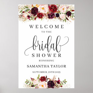 Boho red marsala floral bridal shower welcome sign