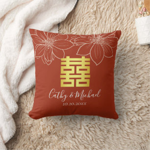 Boho red modern floral Chinese wedding Cushion