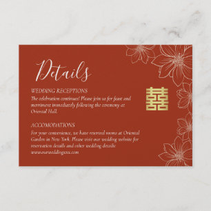 Boho red modern floral Chinese wedding details Enclosure Card