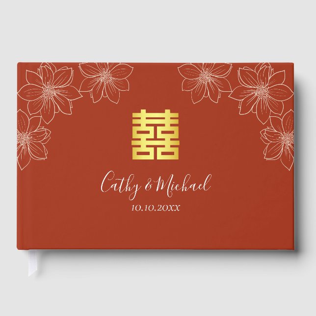 Boho red modern floral Chinese wedding Guest Book (Front)