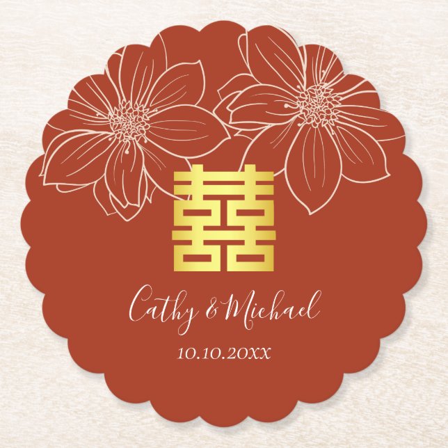 Boho red modern floral Chinese wedding Paper Coaster (Front)