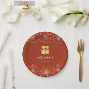 Boho red modern floral Chinese wedding Paper Plate