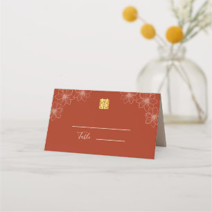 Boho red modern floral Chinese wedding Place Card