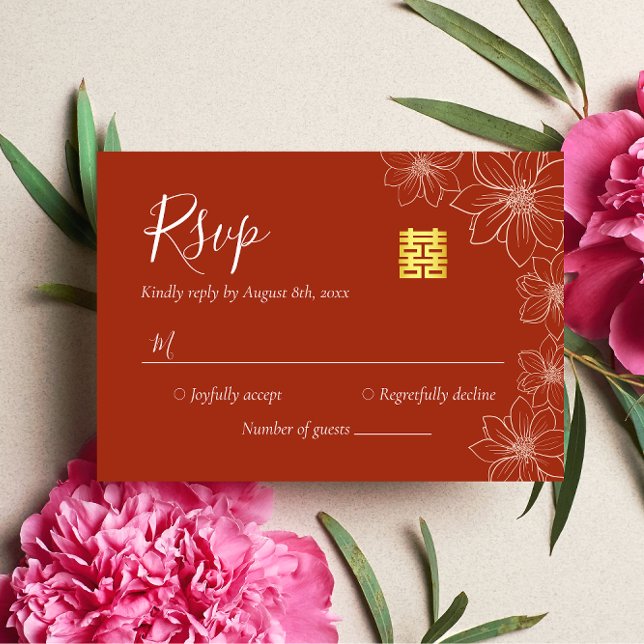 Boho red modern floral Chinese wedding RSVP Card (Creator Uploaded)