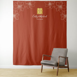 Boho red modern floral Chinese wedding Tapestry
