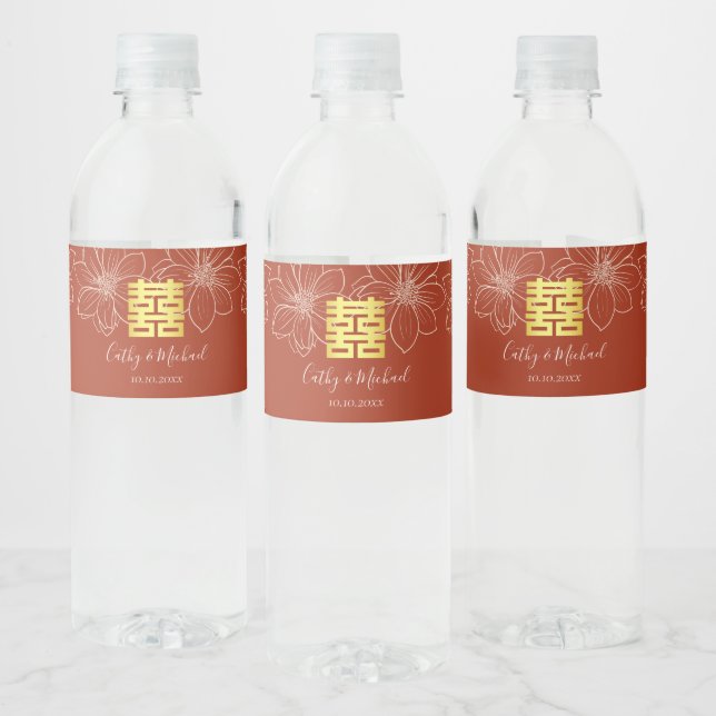 Boho red modern floral Chinese wedding Water Bottle Label (Bottles)
