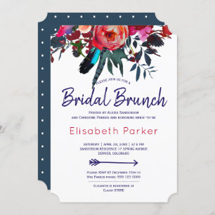 Boho red navy blue floral bouquet bridal brunch invitation