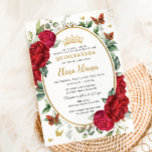 Boho Red Peonies Floral Butterflies Quinceañera  Invitation<br><div class="desc">Personalise this boho chic red floral Quinceañera / Sweet 16 birthday invitation easily and quickly. Simply click the customise it further button to edit the texts, change fonts and fonts colours. Featuring exquisite watercolor red peony flowers, butterflies and a gold trimmed oval space to put all your important celebration details....</div>