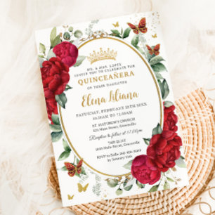 Boho Red Peonies Floral Butterflies Quinceañera  Invitation