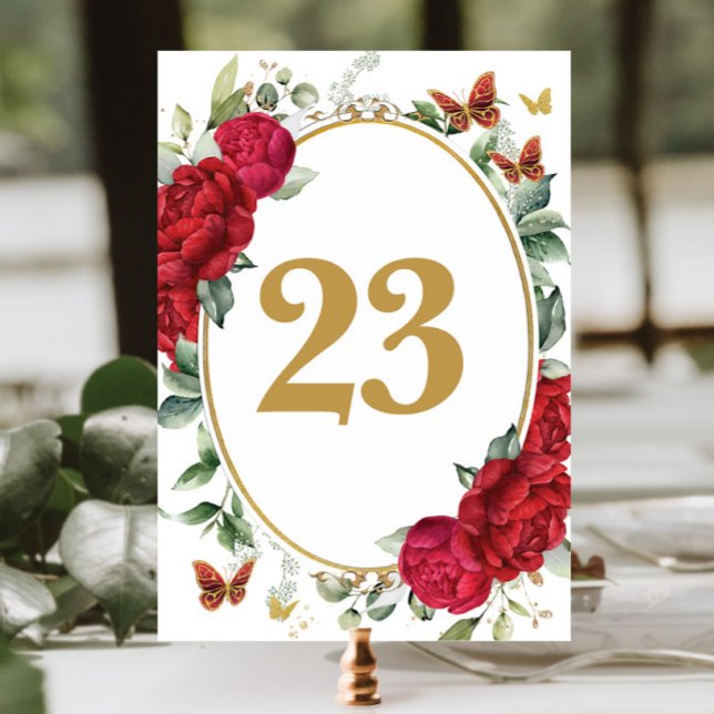 Boho Red Peonies Floral Gold Butterflies Birthday  Table Number (Creator Uploaded)