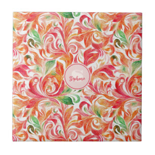 Boho Red Pink Orange Green Paisley Floral Tile