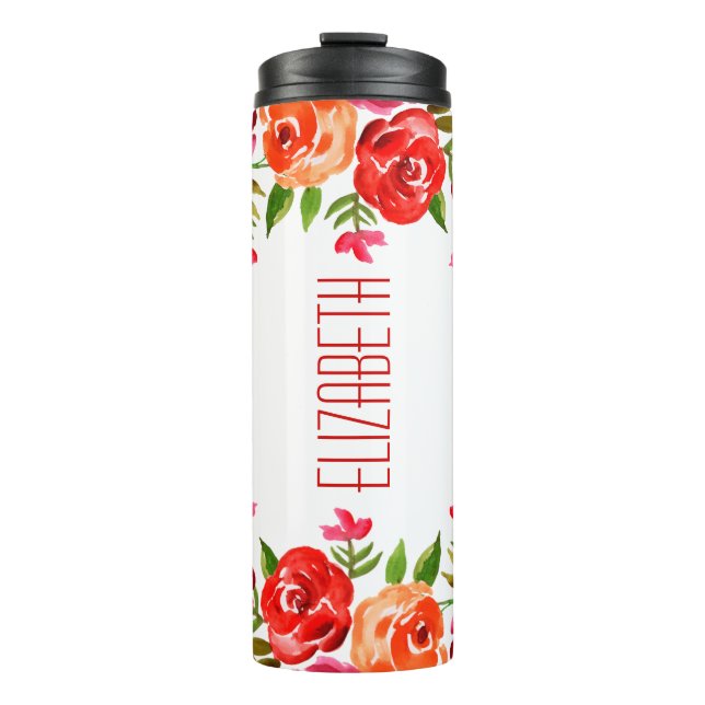 Boho Red Pink Orange Watercolor Flowers Thermal Tumbler (Front)