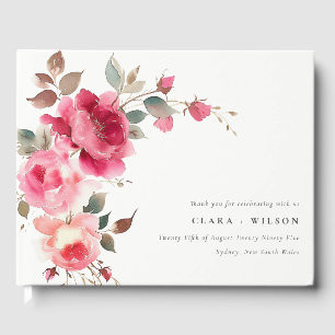 Boho Red Pink Rose Flowers Watercolor Wedding Guest Book