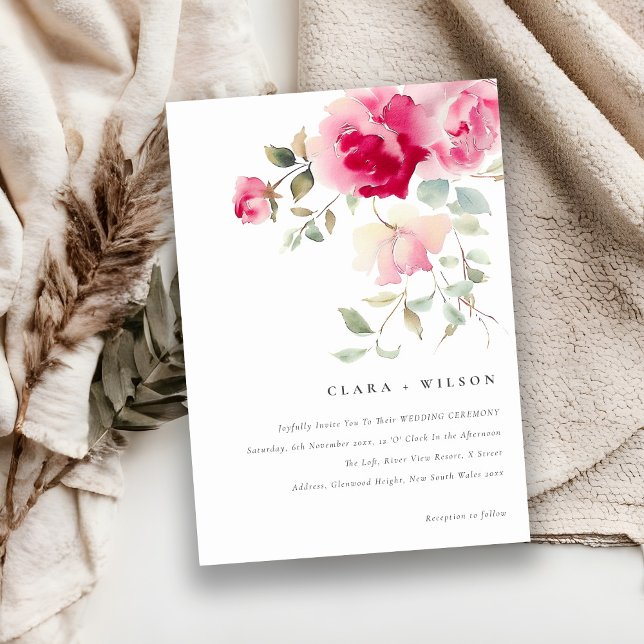 Boho Red Pink Rose Flowers Watercolor Wedding Invitation (Creator Uploaded)