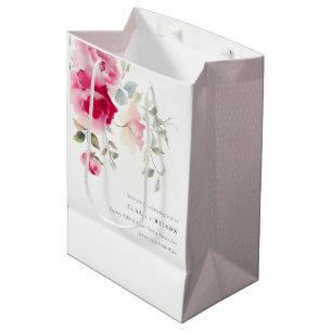 Boho Red Pink Rose Flowers Watercolor Wedding Medium Gift Bag