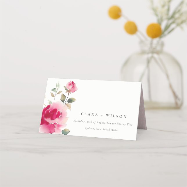 Boho Red Pink Rose Flowers Watercolor Wedding Place Card (Front)