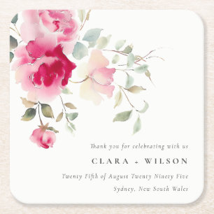 Boho Red Pink Rose Flowers Watercolor Wedding Square Paper Coaster