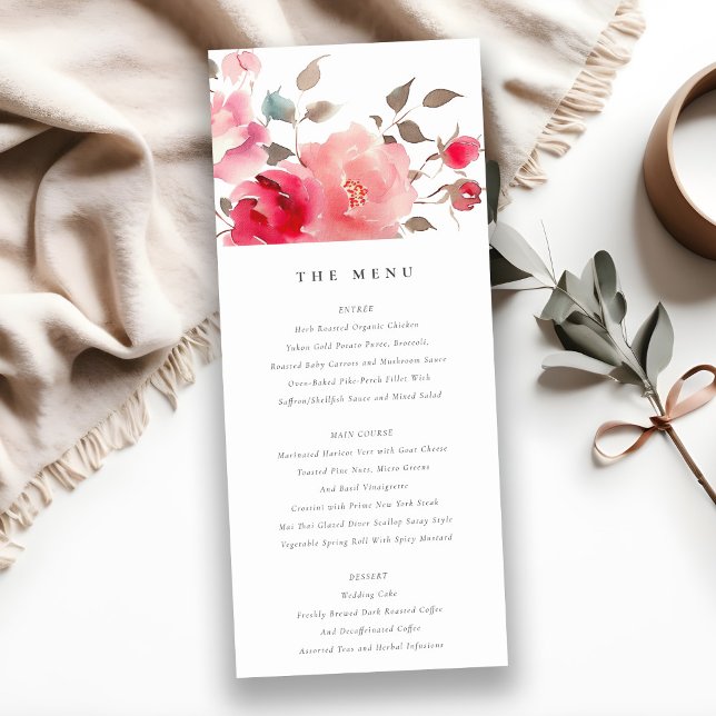 Boho Red Pink Rose Flowers Wedding Menu Card (Creator Uploaded)