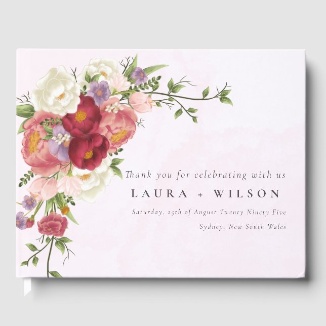 Boho Red Pink white Rose Flowers Wedding Guest Book (Front)