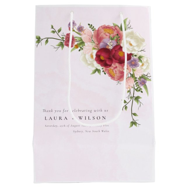 Boho Red Pink white Rose Flowers Wedding Medium Medium Gift Bag (Back)