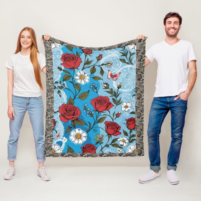 Boho Red Roses Daisies Lace Butterflies Blue Fleece Blanket (In Situ)