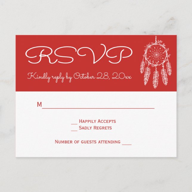 Boho Red RSVP Native American Dreamcatcher Wedding Invitation Postcard (Front)