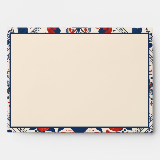 Boho red white & blue floral geometric folk art envelope (Front)