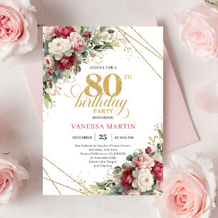 Boho Red White Greenery 80th Birthday Invite